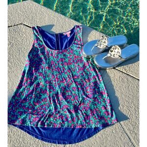 Lilly Pulitzer Floral High Low Sleeveless Top Blue Back Sz S